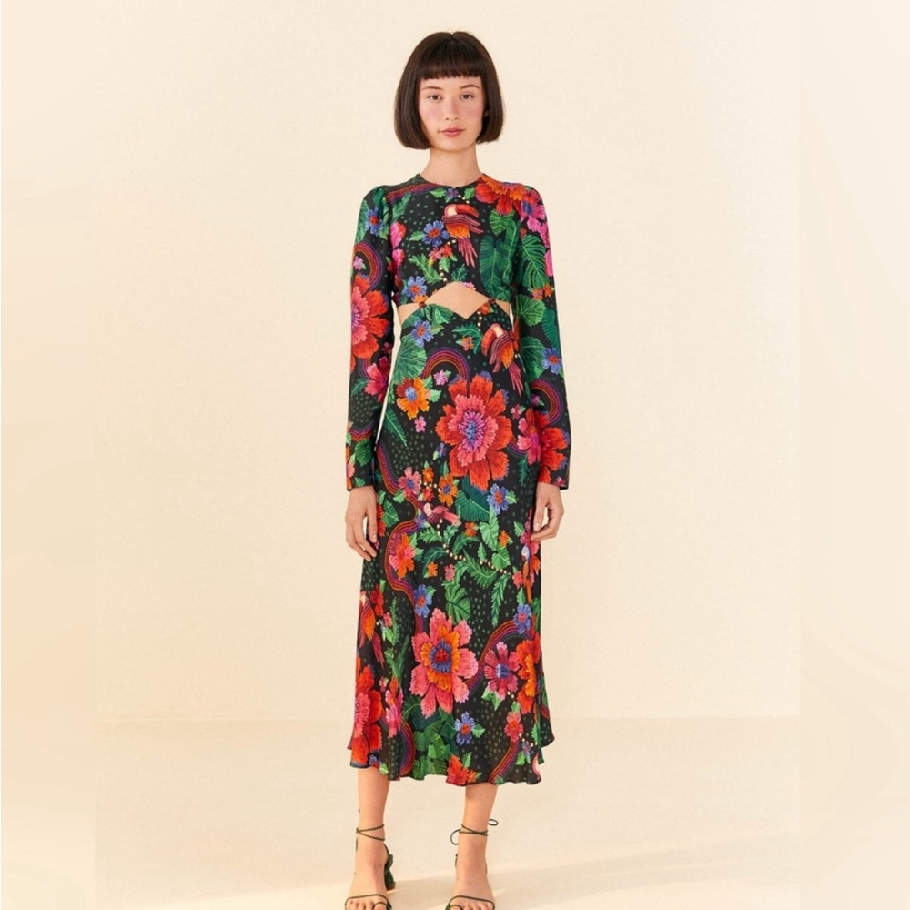 FARM Rio Black Blooming Garden Lenzin Ecovero Viscose Midi Dress XS